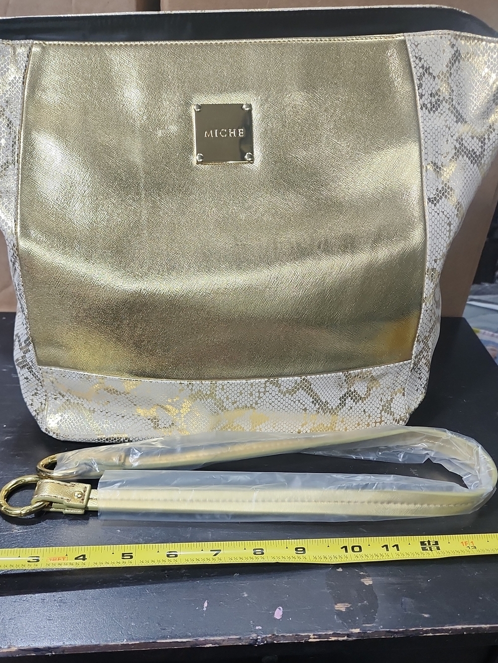 Miche Metallic Gold Tote with Snake-Print Trim